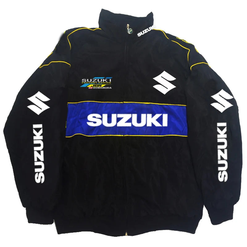 Suzuki Racing Jacket - A fashionable motorcycle riding jacket for both men and women, providing warmth during cycling. Baseball-