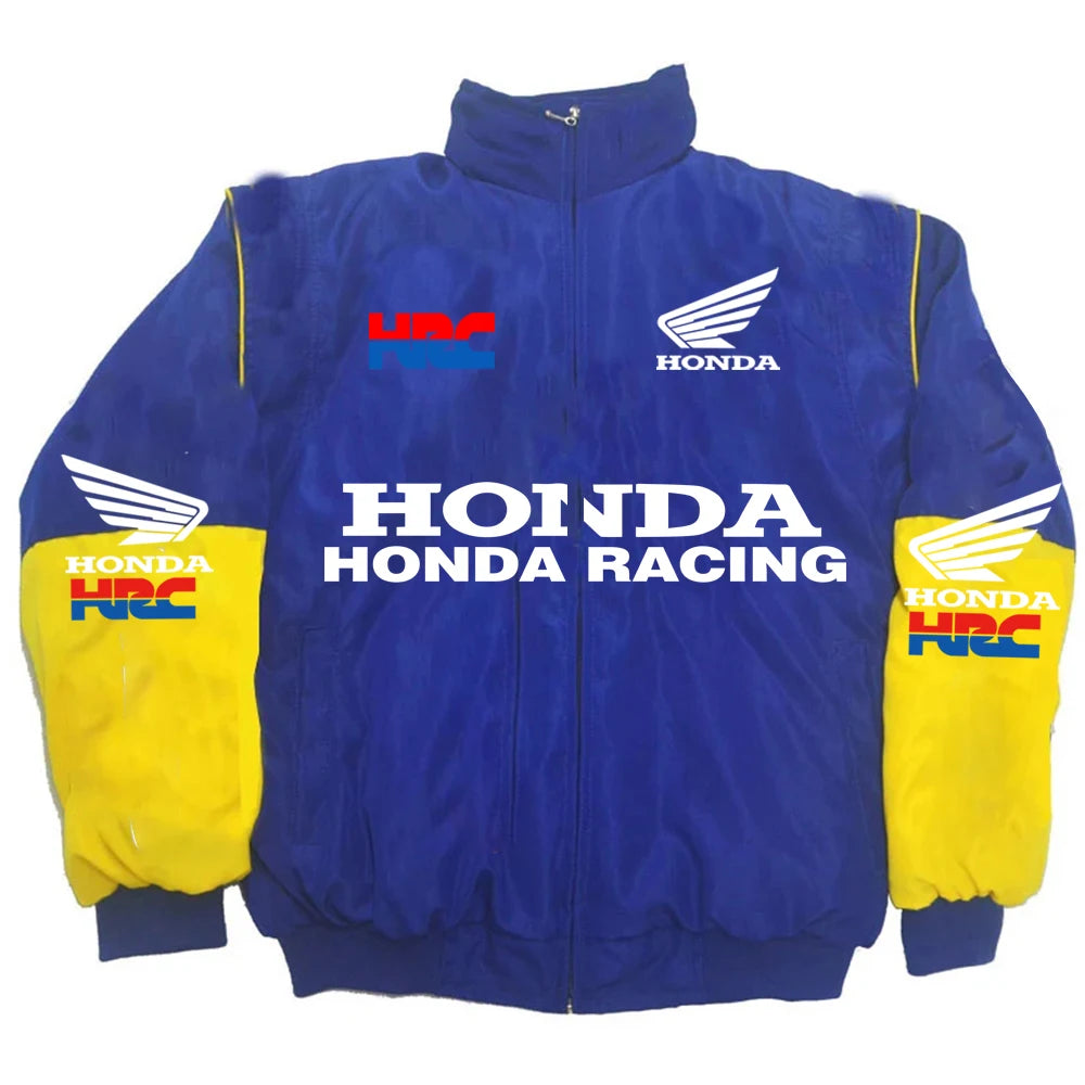 Honda Men's Winter Racing Jacket: Stand Collar Vintage Style With Custom Back Print, Logo Design & Windproof Features
