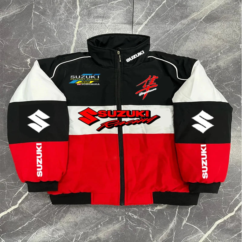 Suzuki Racing Jacket - A fashionable motorcycle riding jacket for both men and women, providing warmth during cycling. Baseball-