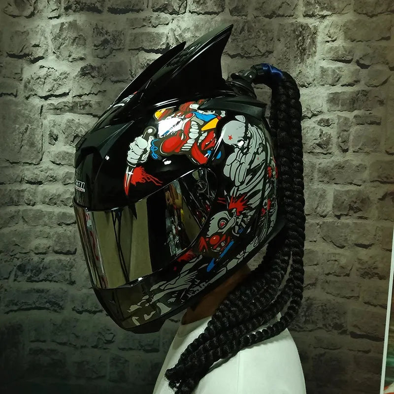 Full face helmet motorcycle riding helmet safety double lens Racing helmet Individuality braids horns