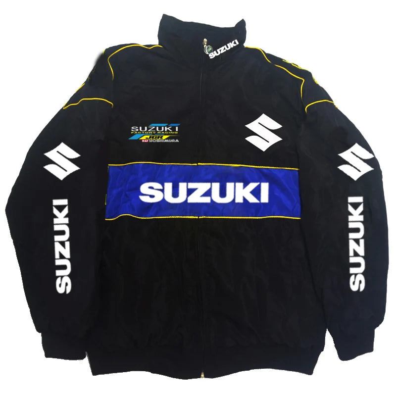 Suzuki Racing Jacket - A fashionable motorcycle riding jacket for both men and women, providing warmth during cycling. Baseball-