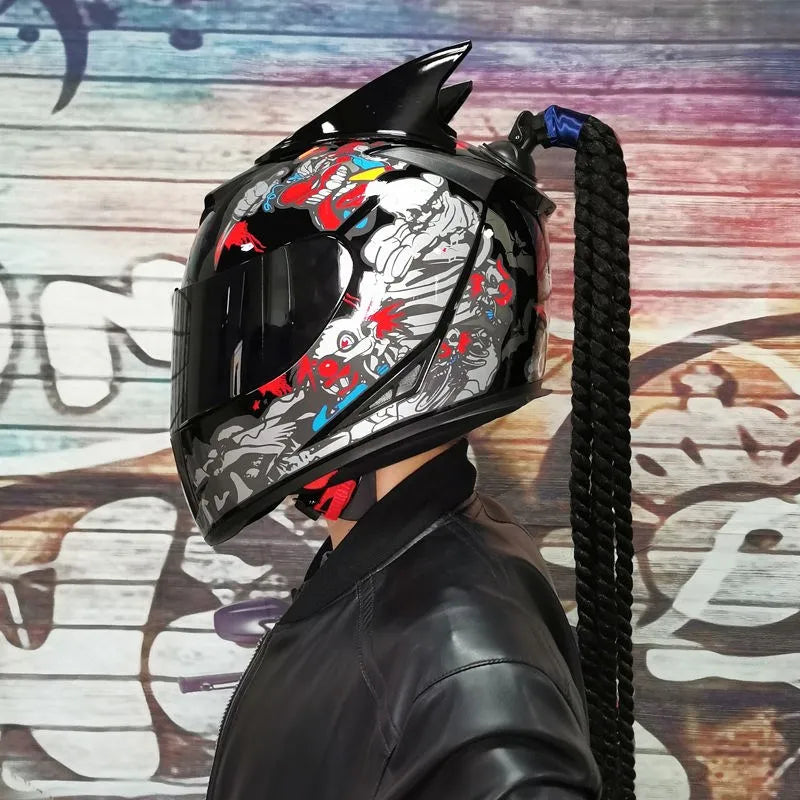 Full face helmet motorcycle riding helmet safety double lens Racing helmet Individuality braids horns