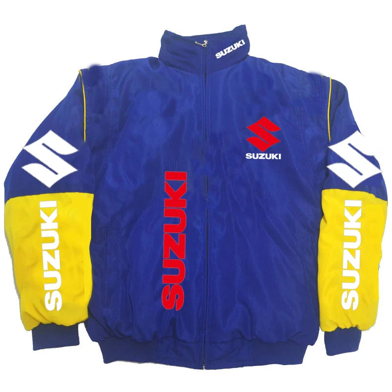Suzuki Racing Jacket - A fashionable motorcycle riding jacket for both men and women, providing warmth during cycling. Baseball-