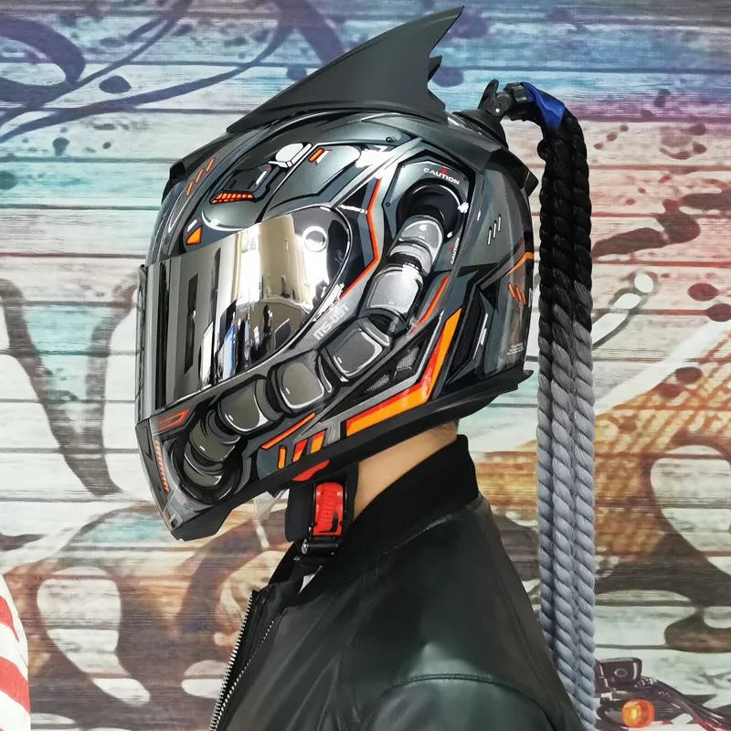 Full face helmet motorcycle riding helmet safety double lens Racing helmet Individuality braids horns