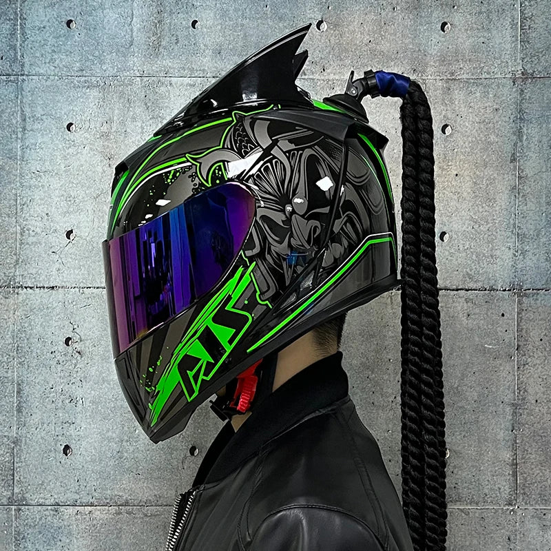 Full face helmet motorcycle riding helmet safety double lens Racing helmet Individuality braids horns