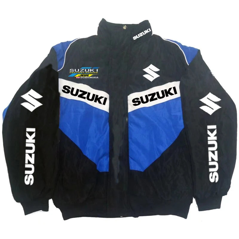 Suzuki Racing Jacket - A fashionable motorcycle riding jacket for both men and women, providing warmth during cycling. Baseball-