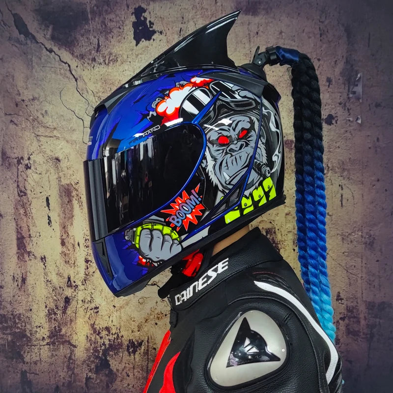 Full face helmet motorcycle riding helmet safety double lens Racing helmet Individuality braids horns