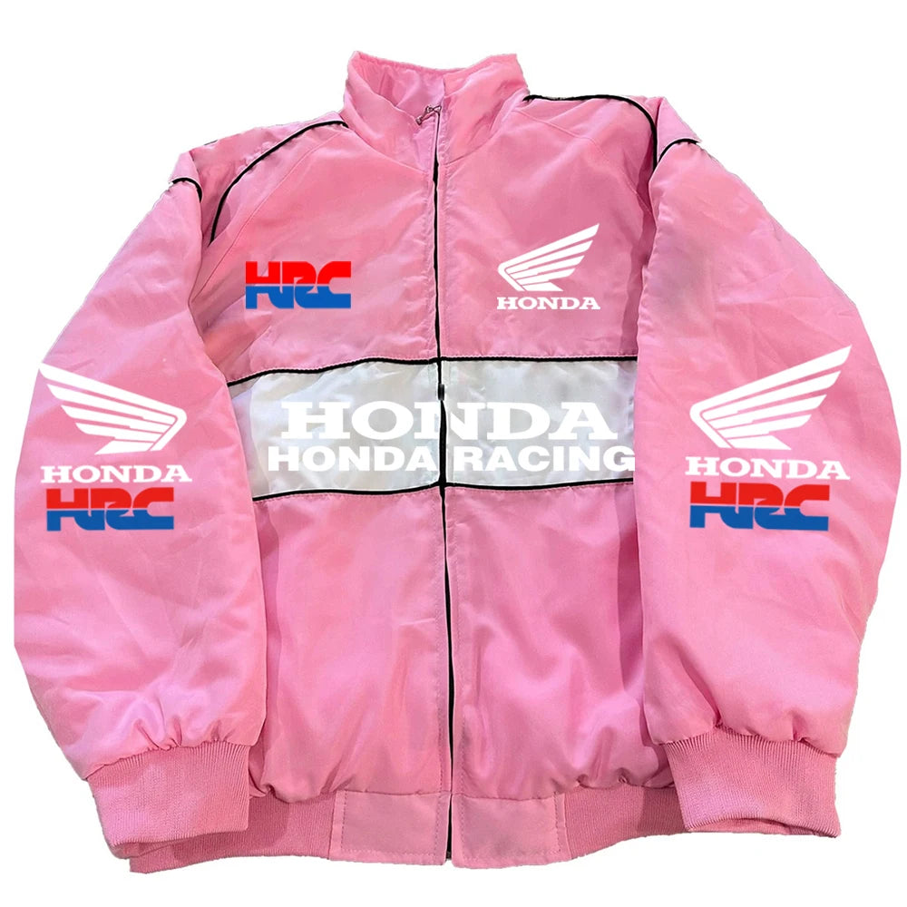 Honda Men's Winter Racing Jacket: Stand Collar Vintage Style With Custom Back Print, Logo Design & Windproof Features