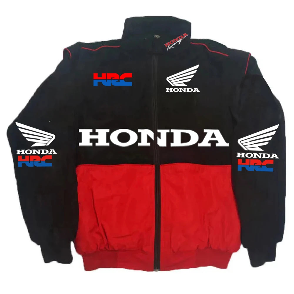 Honda Men's Winter Racing Jacket: Stand Collar Vintage Style With Custom Back Print, Logo Design & Windproof Features