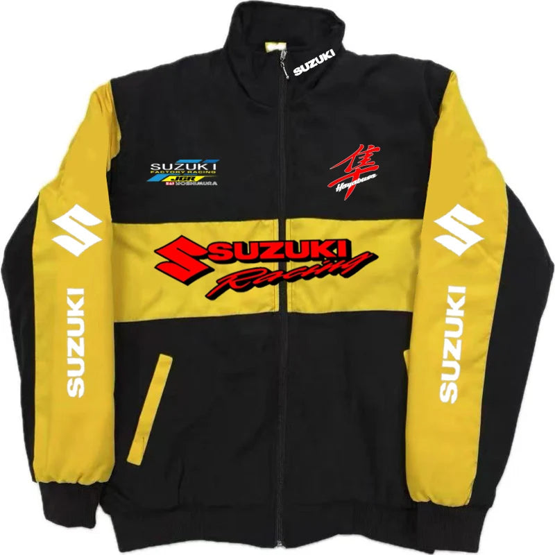 Suzuki Racing Jacket - A fashionable motorcycle riding jacket for both men and women, providing warmth during cycling. Baseball-