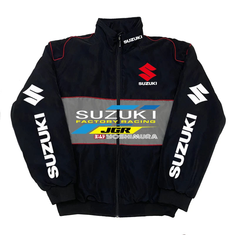 Suzuki Racing Jacket - A fashionable motorcycle riding jacket for both men and women, providing warmth during cycling. Baseball-