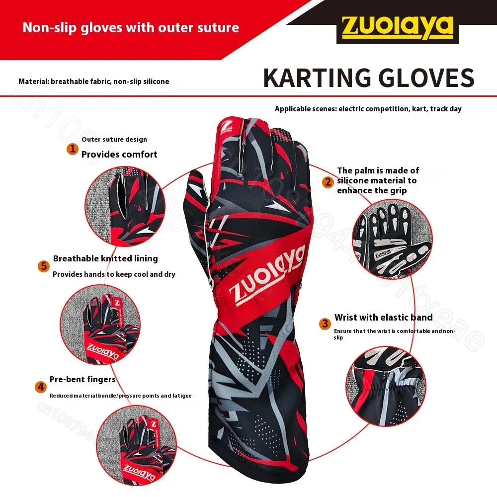 Kart long racing gloves with anti slip lightweight, full palm silicone wear-resistant  can be patterned on the outer seam logo
