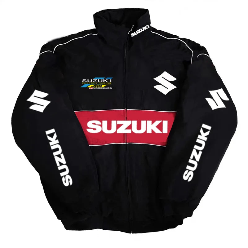 Suzuki Racing Jacket - A fashionable motorcycle riding jacket for both men and women, providing warmth during cycling. Baseball-