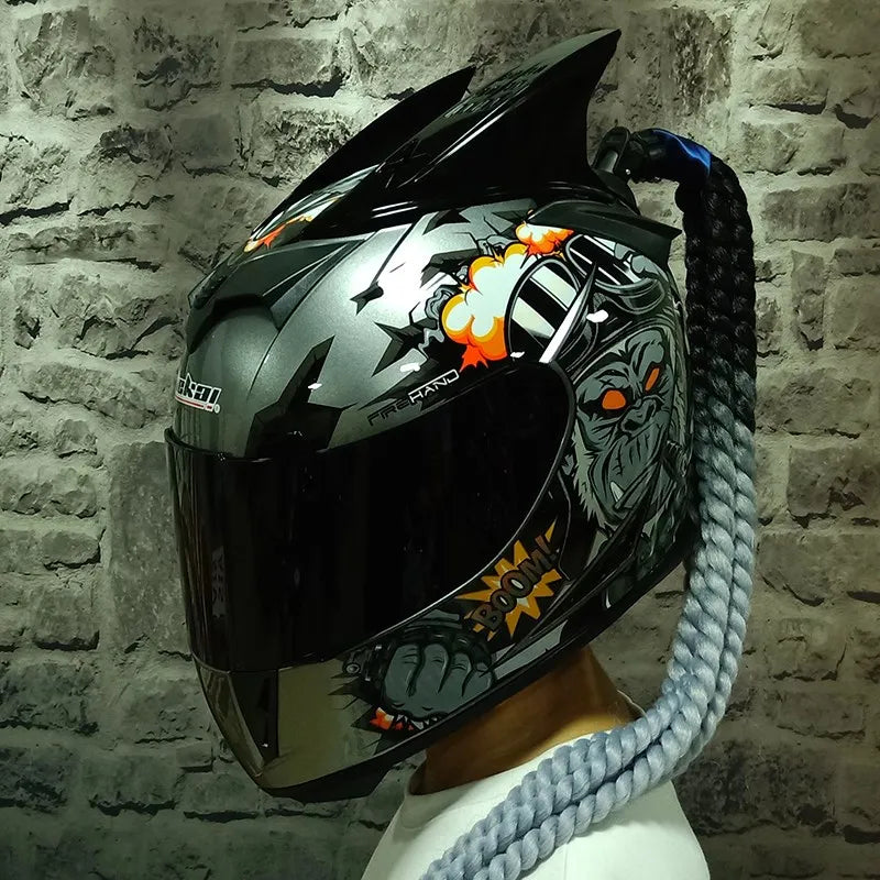 Full face helmet motorcycle riding helmet safety double lens Racing helmet Individuality braids horns