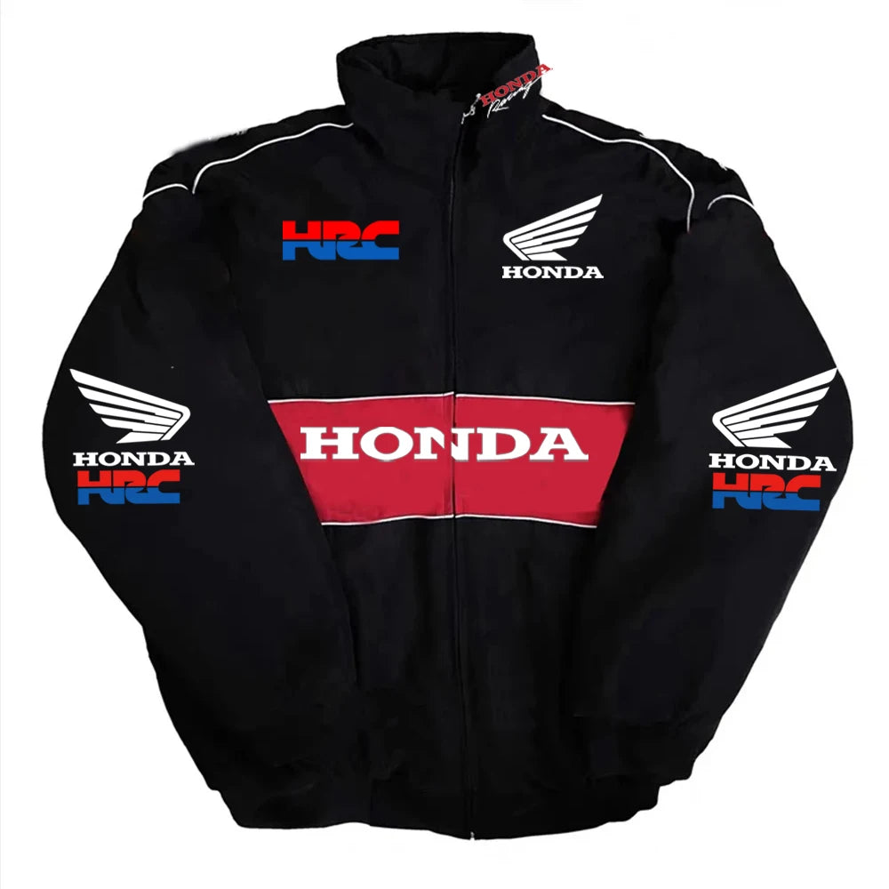 Honda Men's Winter Racing Jacket: Stand Collar Vintage Style With Custom Back Print, Logo Design & Windproof Features
