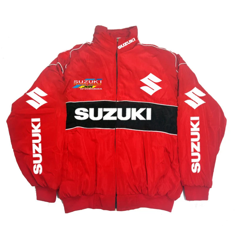 Suzuki Racing Jacket - A fashionable motorcycle riding jacket for both men and women, providing warmth during cycling. Baseball-