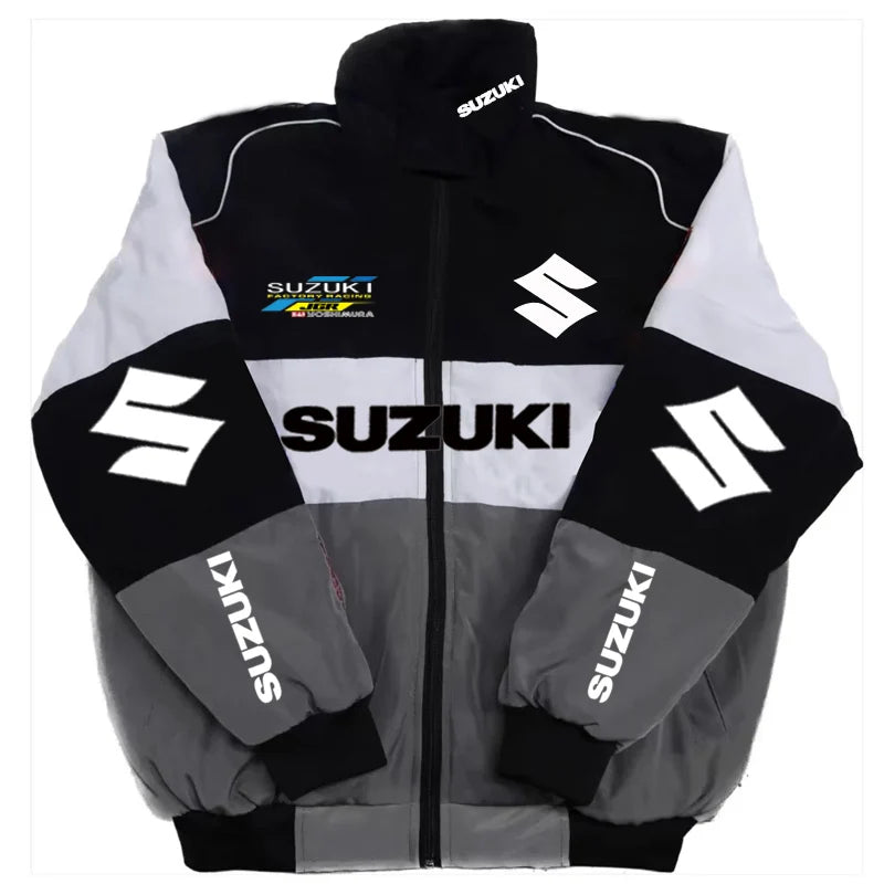 Suzuki Racing Jacket - A fashionable motorcycle riding jacket for both men and women, providing warmth during cycling. Baseball-