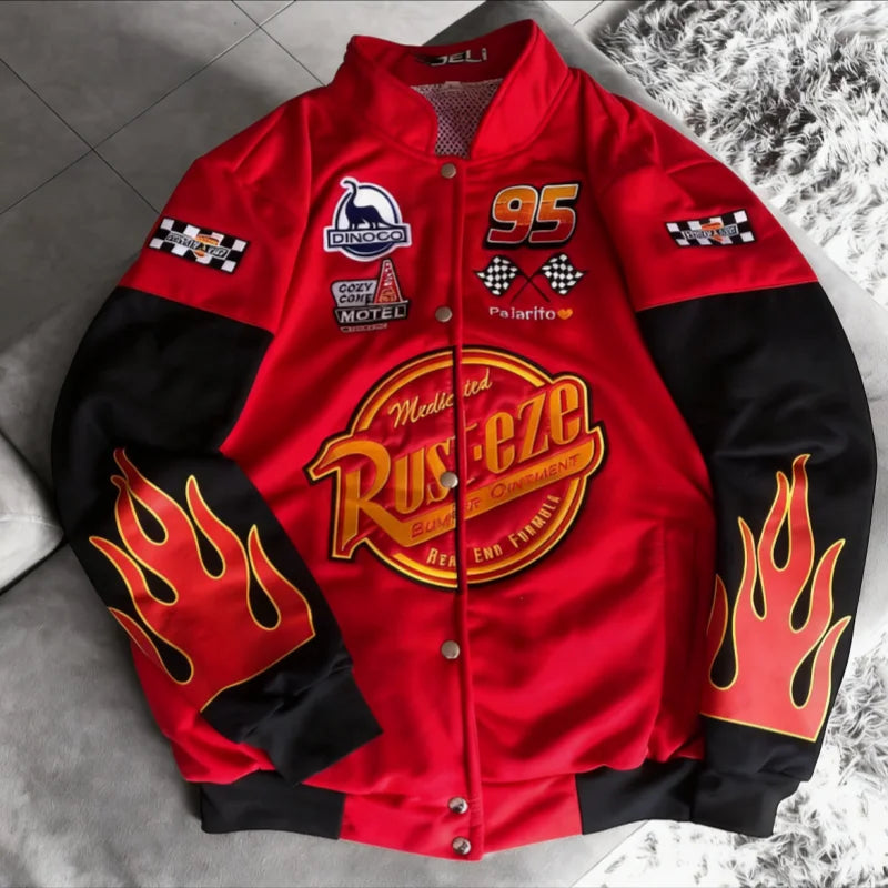 Men Red Racing Jacket Flame Design Single Breasted Cardigan Hip Hop Streetwear Cool Trendy Youth Motorcycle Biker Jacket