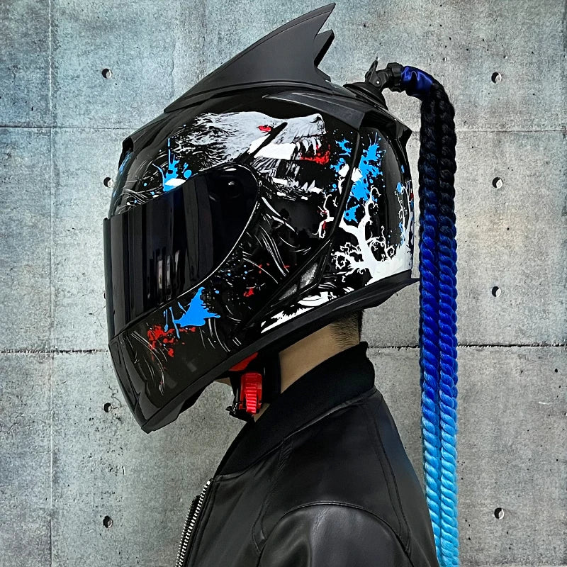 Full face helmet motorcycle riding helmet safety double lens Racing helmet Individuality braids horns