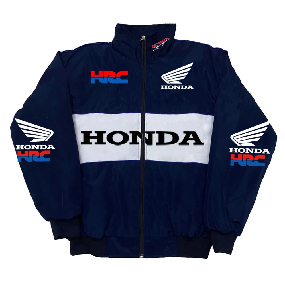 Honda Men's Winter Racing Jacket: Stand Collar Vintage Style With Custom Back Print, Logo Design & Windproof Features