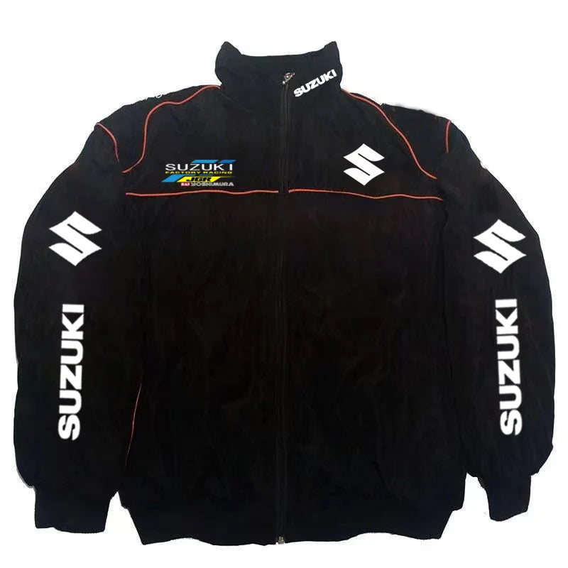 Suzuki Racing Jacket - A fashionable motorcycle riding jacket for both men and women, providing warmth during cycling. Baseball-