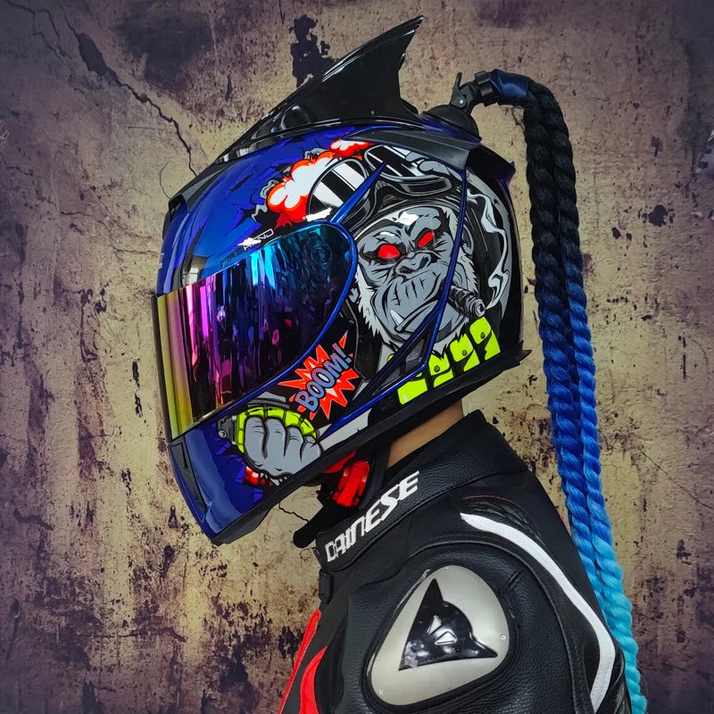 Full face helmet motorcycle riding helmet safety double lens Racing helmet Individuality braids horns