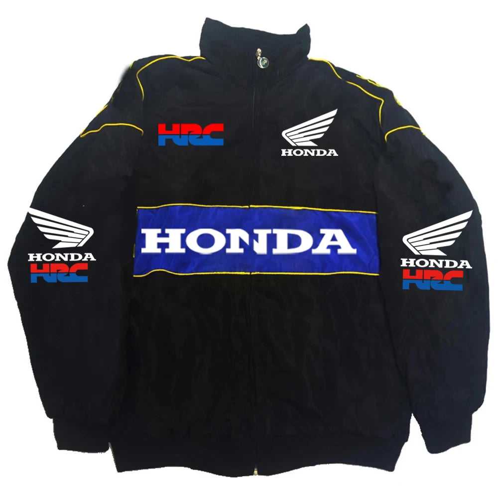 Honda Men's Winter Racing Jacket: Stand Collar Vintage Style With Custom Back Print, Logo Design & Windproof Features