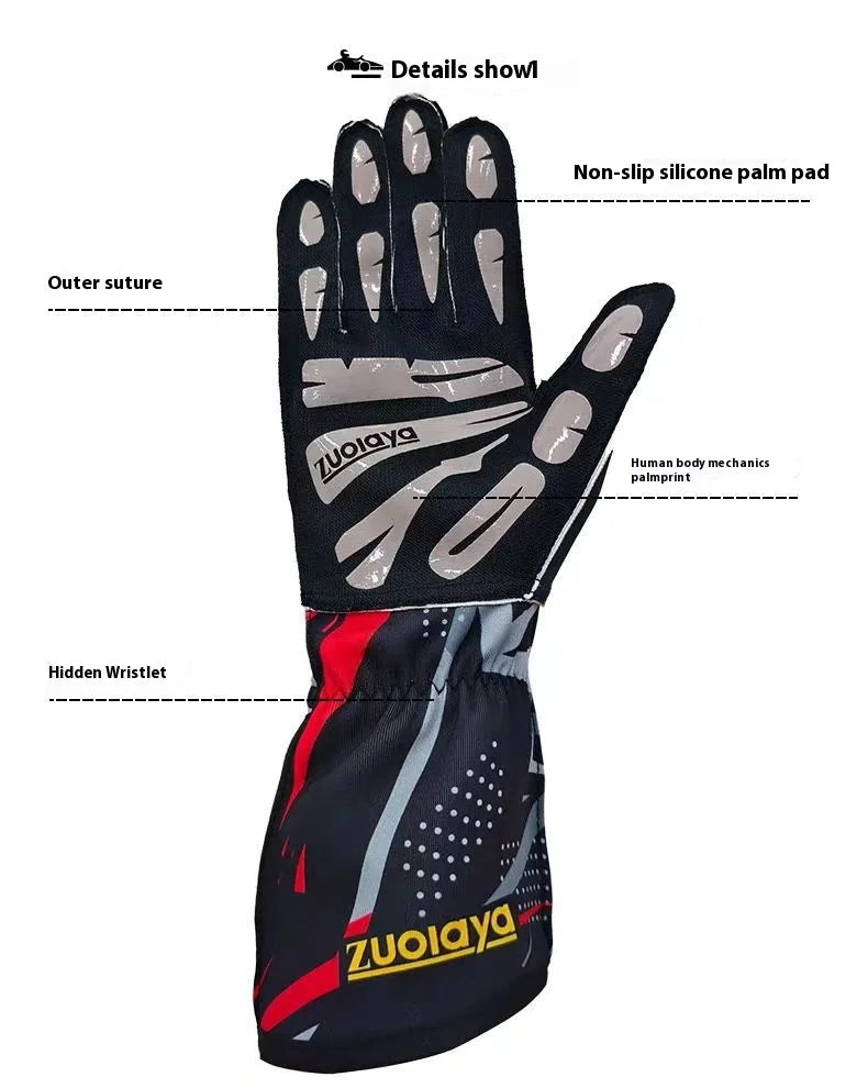 Kart long racing gloves with anti slip lightweight, full palm silicone wear-resistant  can be patterned on the outer seam logo