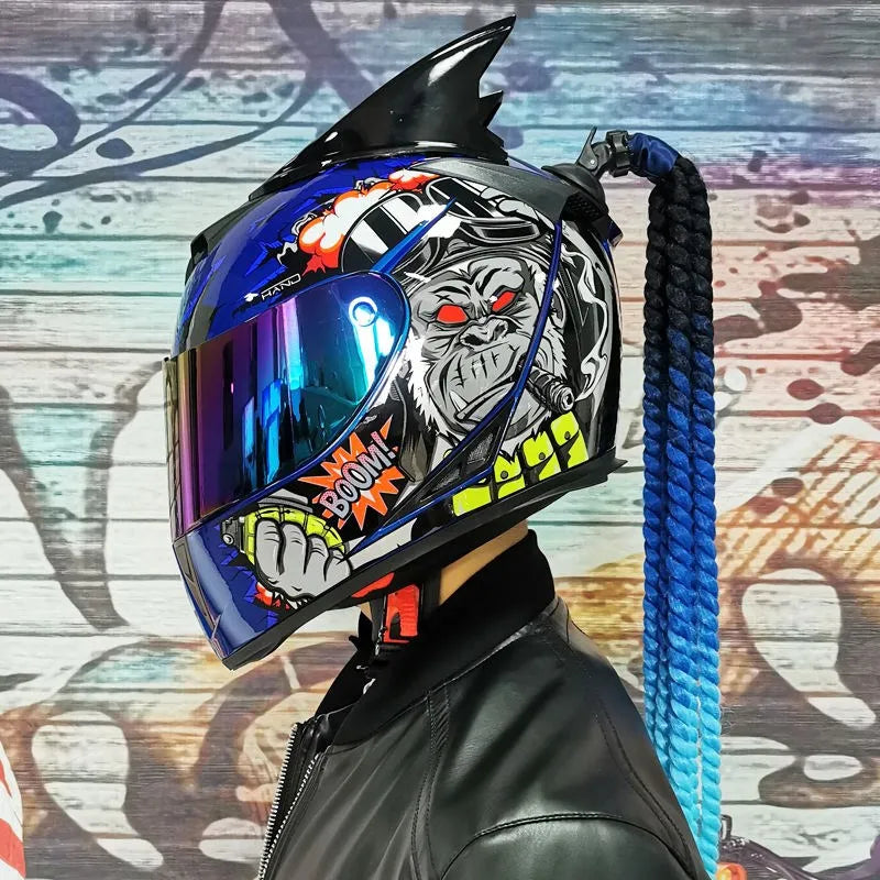 Full face helmet motorcycle riding helmet safety double lens Racing helmet Individuality braids horns