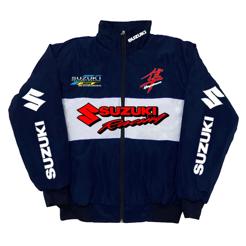 Suzuki Racing Jacket - A fashionable motorcycle riding jacket for both men and women, providing warmth during cycling. Baseball-