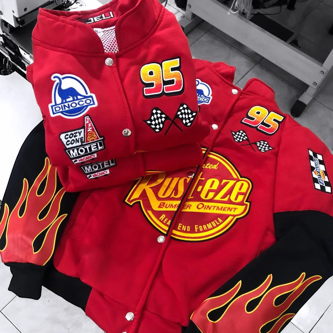 Men Red Racing Jacket Flame Design Single Breasted Cardigan Hip Hop Streetwear Cool Trendy Youth Motorcycle Biker Jacket