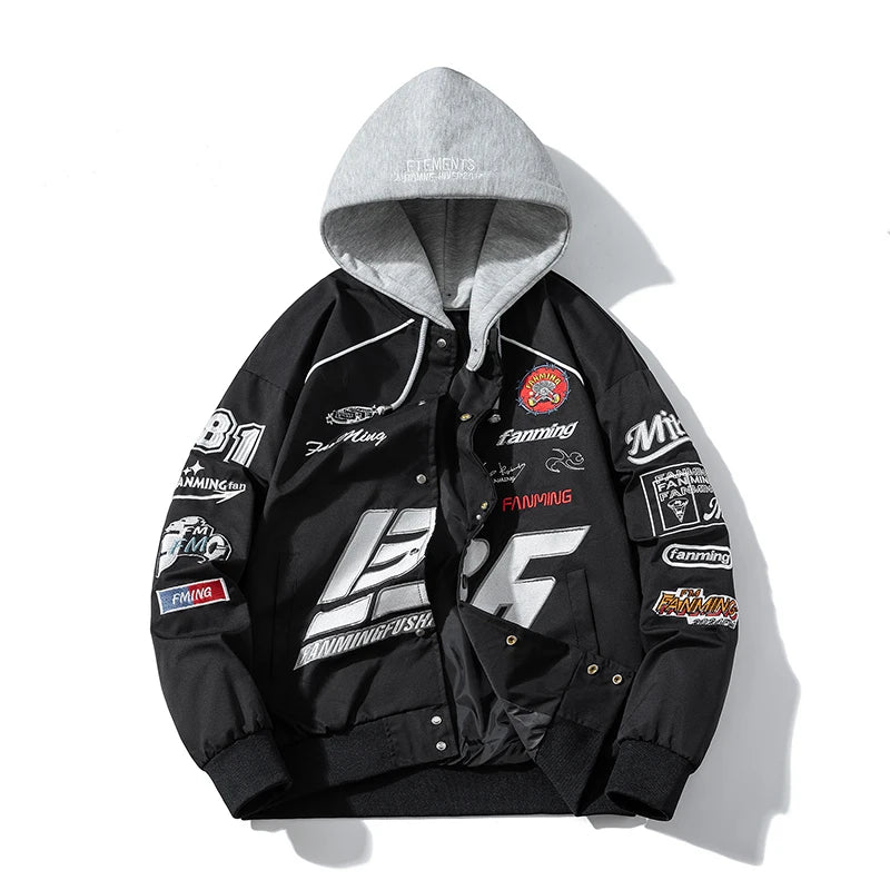 Autumn Winter Varsity Jacket Men Letter Embroidery Motorcycle Jacket Women Fashion Hooded Parkas American Baseball Coat Button