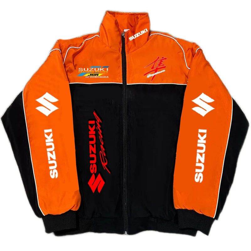 Suzuki Racing Jacket - A fashionable motorcycle riding jacket for both men and women, providing warmth during cycling. Baseball-