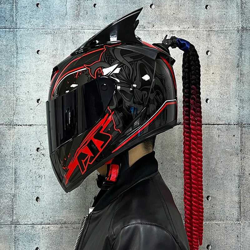 Full face helmet motorcycle riding helmet safety double lens Racing helmet Individuality braids horns