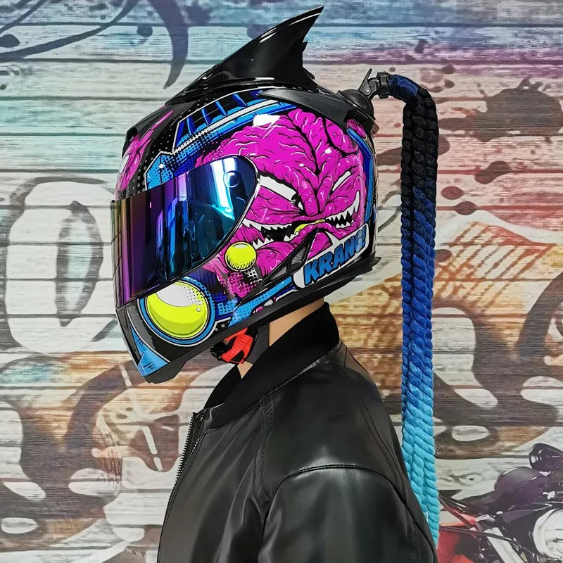 Full face helmet motorcycle riding helmet safety double lens Racing helmet Individuality braids horns