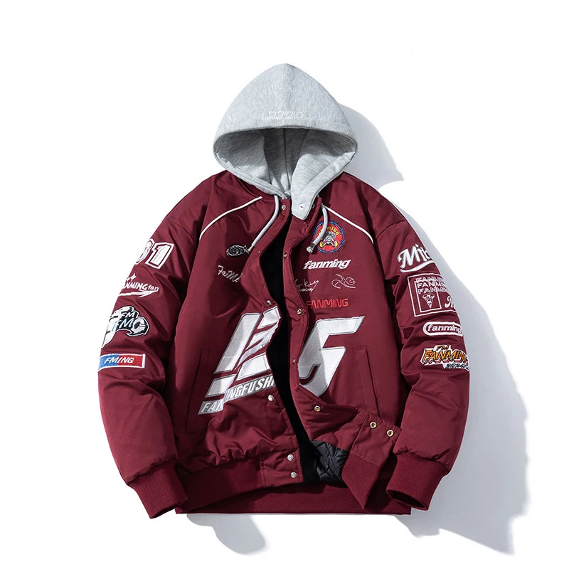Autumn Winter Varsity Jacket Men Letter Embroidery Motorcycle Jacket Women Fashion Hooded Parkas American Baseball Coat Button