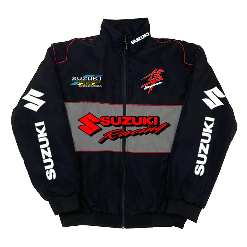 Suzuki Racing Jacket - A fashionable motorcycle riding jacket for both men and women, providing warmth during cycling. Baseball-