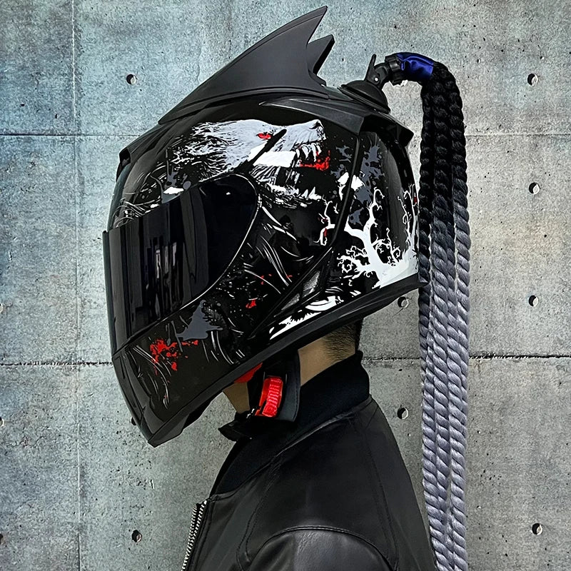 Full face helmet motorcycle riding helmet safety double lens Racing helmet Individuality braids horns