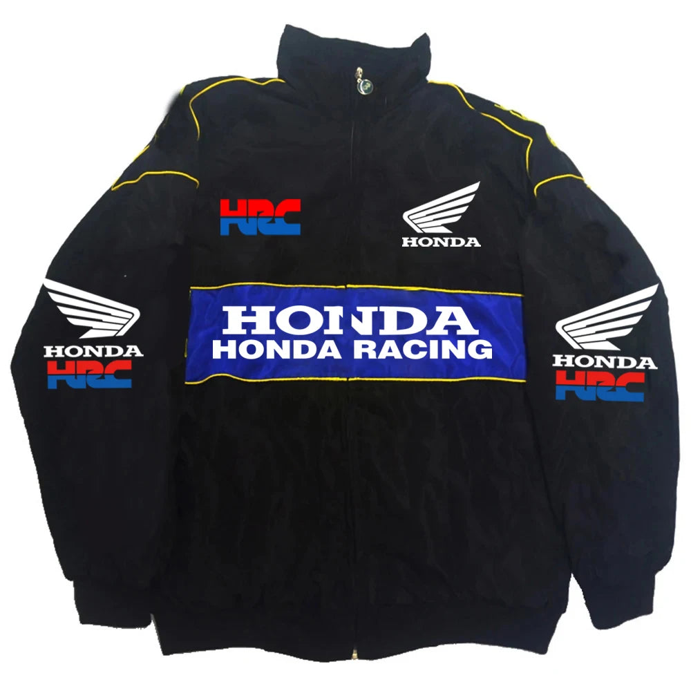 Honda Men's Winter Racing Jacket: Stand Collar Vintage Style With Custom Back Print, Logo Design & Windproof Features